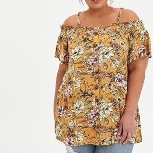 Torrid Yellow Floral Gauze Smocked Cold Shoulder Blouse Top